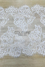 Lace Trim: White Intricate Floral Scrollwork Pattern with Scalloped Eyelash Fringe Edge Detail, 1 Meter