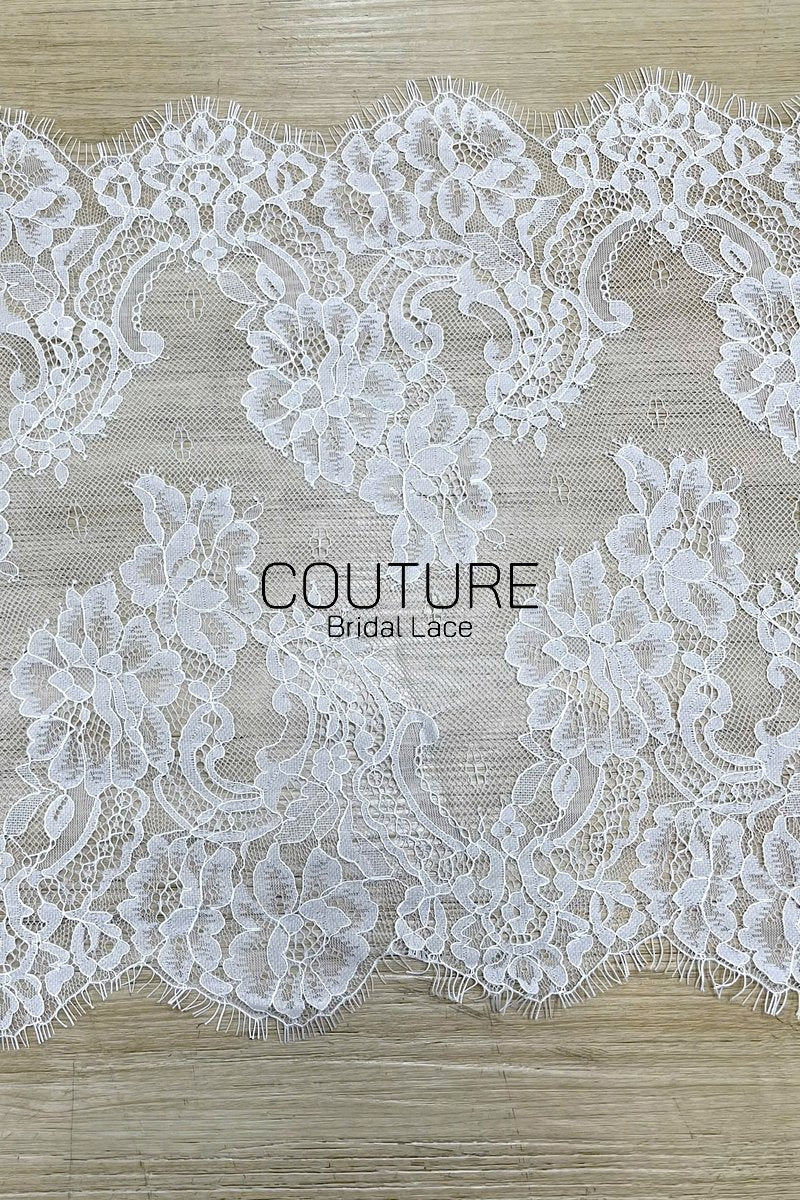 Lace Trim: White Intricate Floral Scrollwork Pattern with Scalloped Eyelash Fringe Edge Detail, 1 Meter