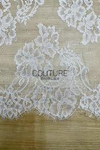 Lace Trim: White Intricate Floral Scrollwork Pattern with Scalloped Eyelash Fringe Edge Detail, 1 Meter