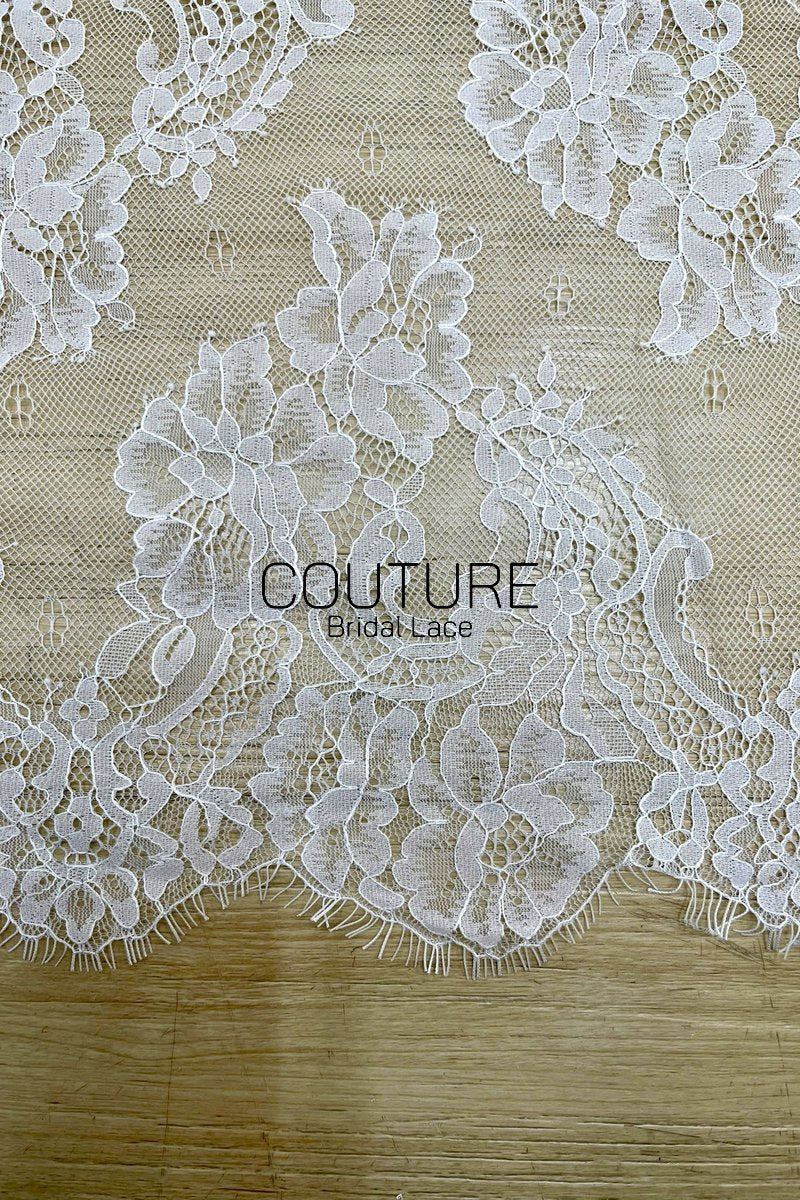Lace Trim: White Intricate Floral Scrollwork Pattern with Scalloped Eyelash Fringe Edge Detail, 1 Meter