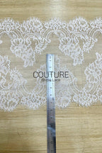 Lace Trim: White Intricate Floral Scrollwork Pattern with Scalloped Eyelash Fringe Edge Detail, 1 Meter