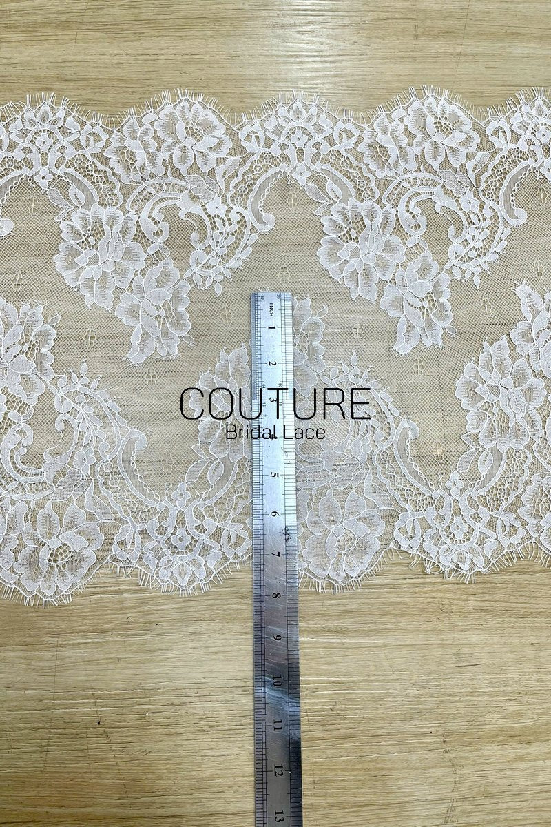 Lace Trim: White Intricate Floral Scrollwork Pattern with Scalloped Eyelash Fringe Edge Detail, 1 Meter