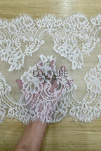 Lace Trim: White Intricate Floral Scrollwork Pattern with Scalloped Eyelash Fringe Edge Detail, 1 Meter