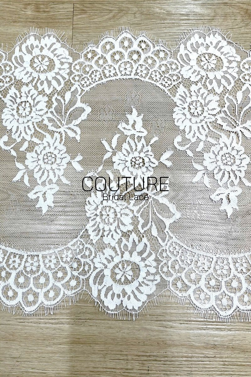 Lace Trim: White Ornate Floral Medallion Pattern with Scalloped Floral Edge and Eyelash Fringe, 3 Meters
