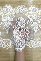 Lace Trim: White Ornate Floral Medallion Pattern with Scalloped Floral Edge and Eyelash Fringe, 3 Meters