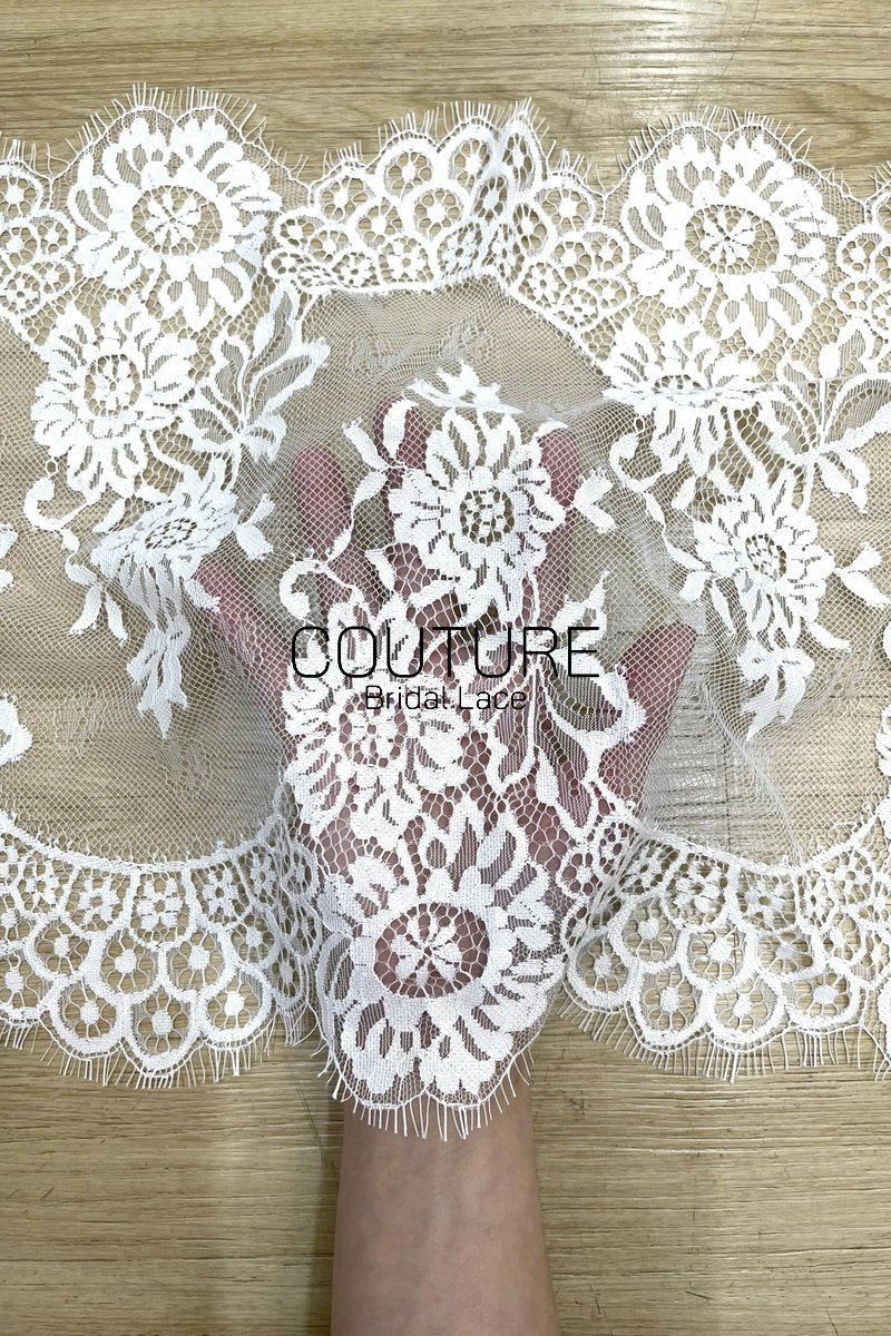 Lace Trim: White Ornate Floral Medallion Pattern with Scalloped Floral Edge and Eyelash Fringe, 3 Meters