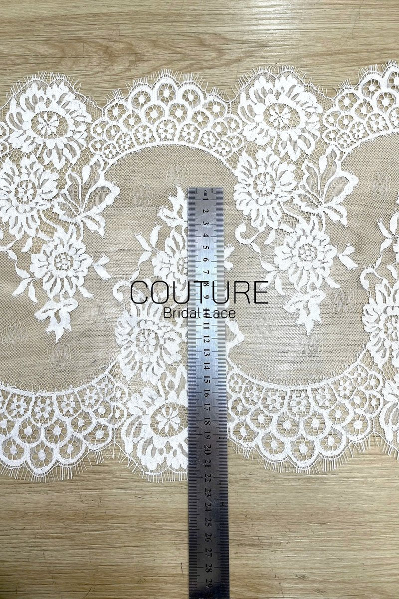 Lace Trim: White Ornate Floral Medallion Pattern with Scalloped Floral Edge and Eyelash Fringe, 3 Meters