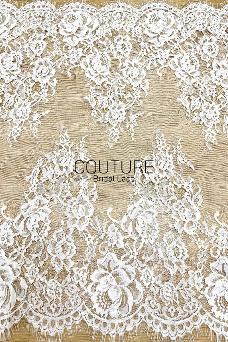 Lace Trim: Ivory Ornate Floral Scrollwork with Scalloped Edge and Eyelash Fringe, 3 Meters