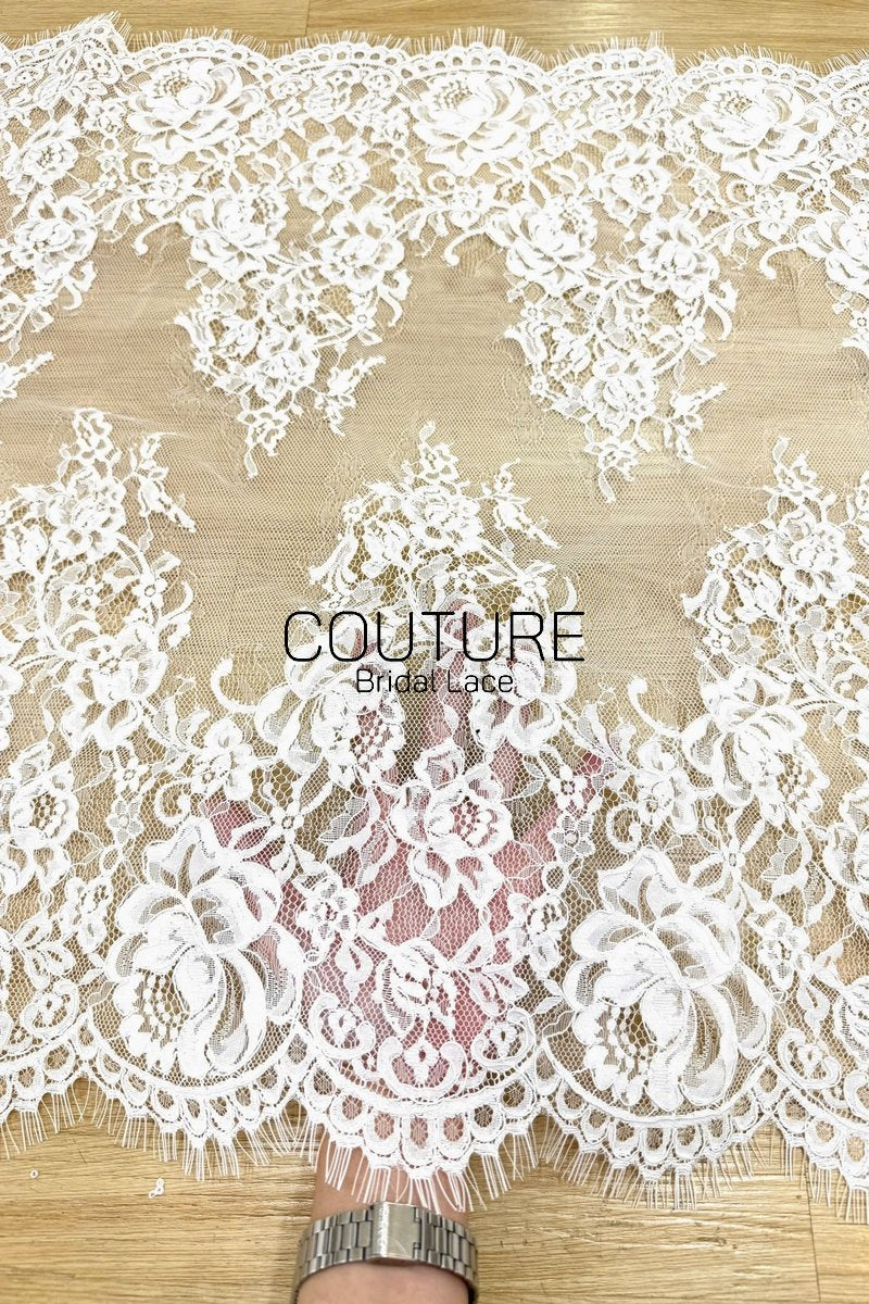 Lace Trim: Ivory Ornate Floral Scrollwork with Scalloped Edge and Eyelash Fringe, 3 Meters