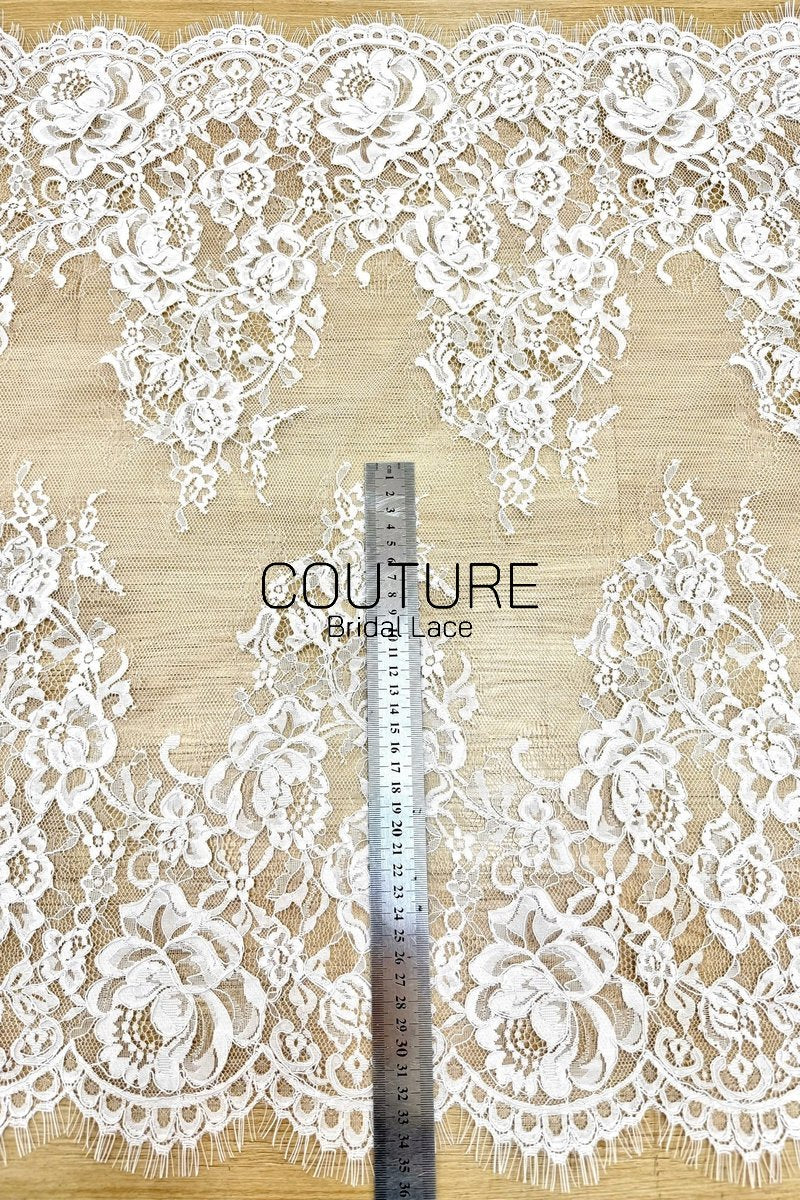 Lace Trim: Ivory Ornate Floral Scrollwork with Scalloped Edge and Eyelash Fringe, 3 Meters