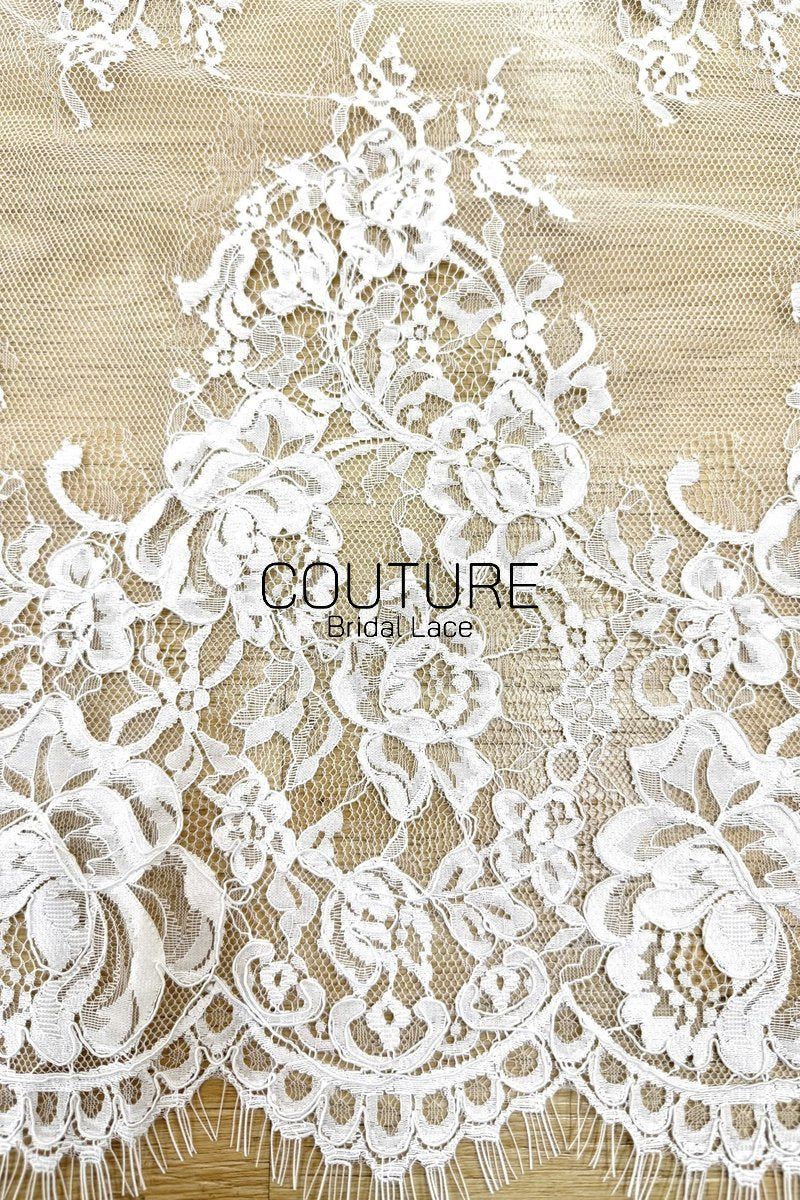 Lace Trim: Ivory Ornate Floral Scrollwork with Scalloped Edge and Eyelash Fringe, 3 Meters