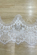 Lace Trim: White Intricate Floral Scrollwork with Scalloped Eyelash Fringe Border, 3 Meters