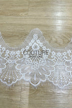 Lace Trim: White Intricate Floral Scrollwork with Scalloped Eyelash Fringe Border, 3 Meters