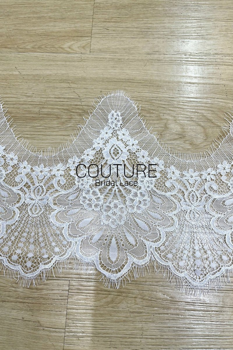 Lace Trim: White Intricate Floral Scrollwork with Scalloped Eyelash Fringe Border, 3 Meters