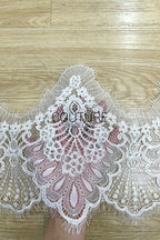 Lace Trim: White Intricate Floral Scrollwork with Scalloped Eyelash Fringe Border, 3 Meters