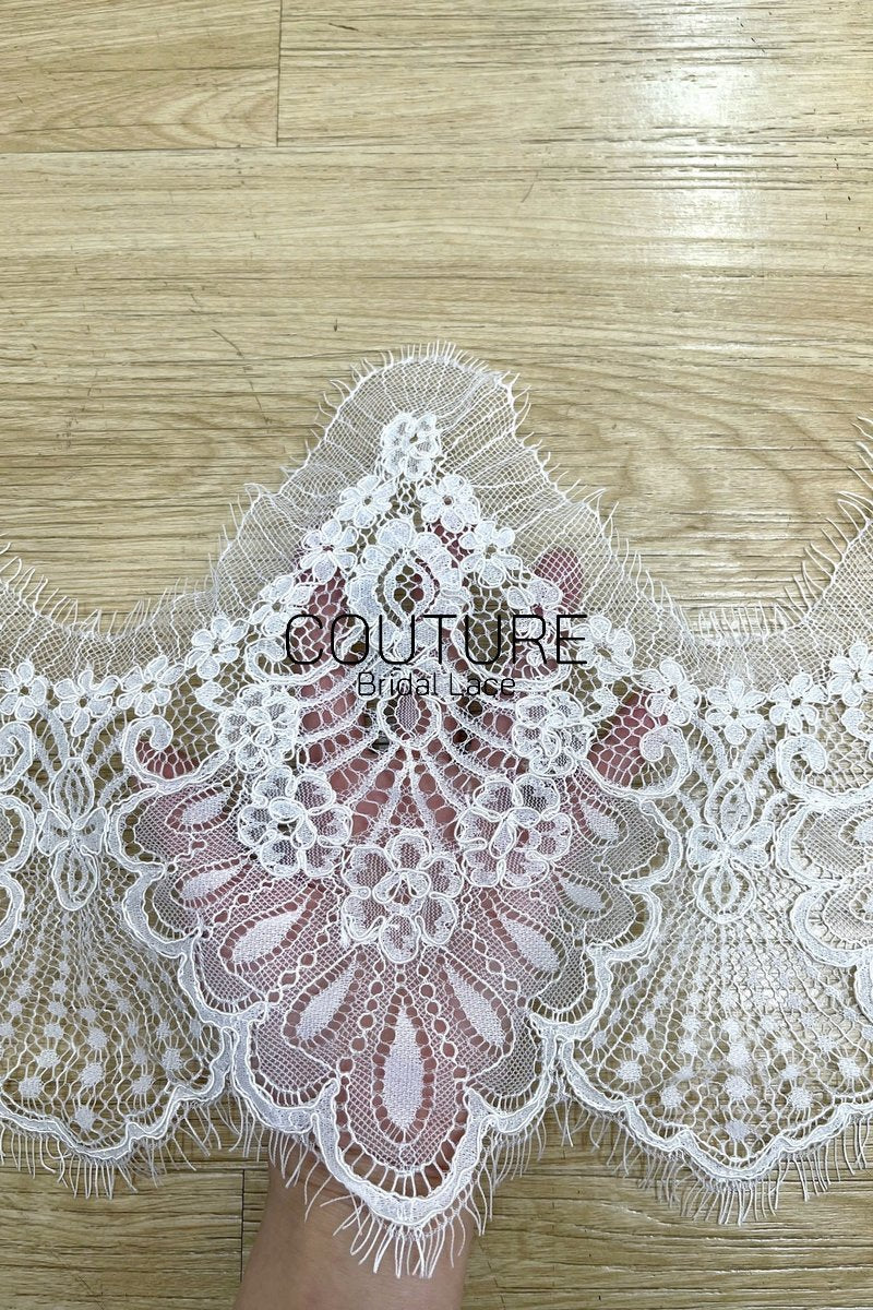 Lace Trim: White Intricate Floral Scrollwork with Scalloped Eyelash Fringe Border, 3 Meters