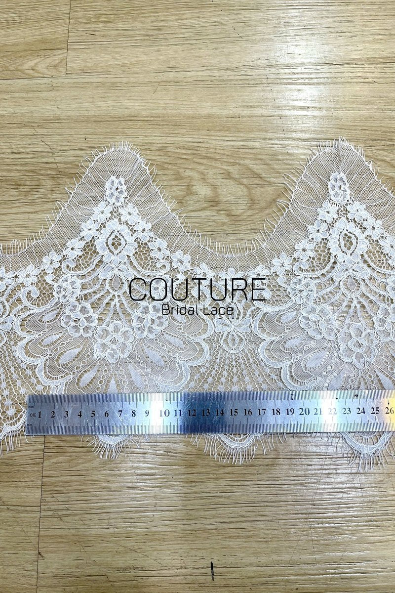 Lace Trim: White Intricate Floral Scrollwork with Scalloped Eyelash Fringe Border, 3 Meters