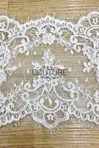 Lace Trim: White Ornate Floral Medallion Design with Scalloped Eyelash Fringe Edge, 3 Meters