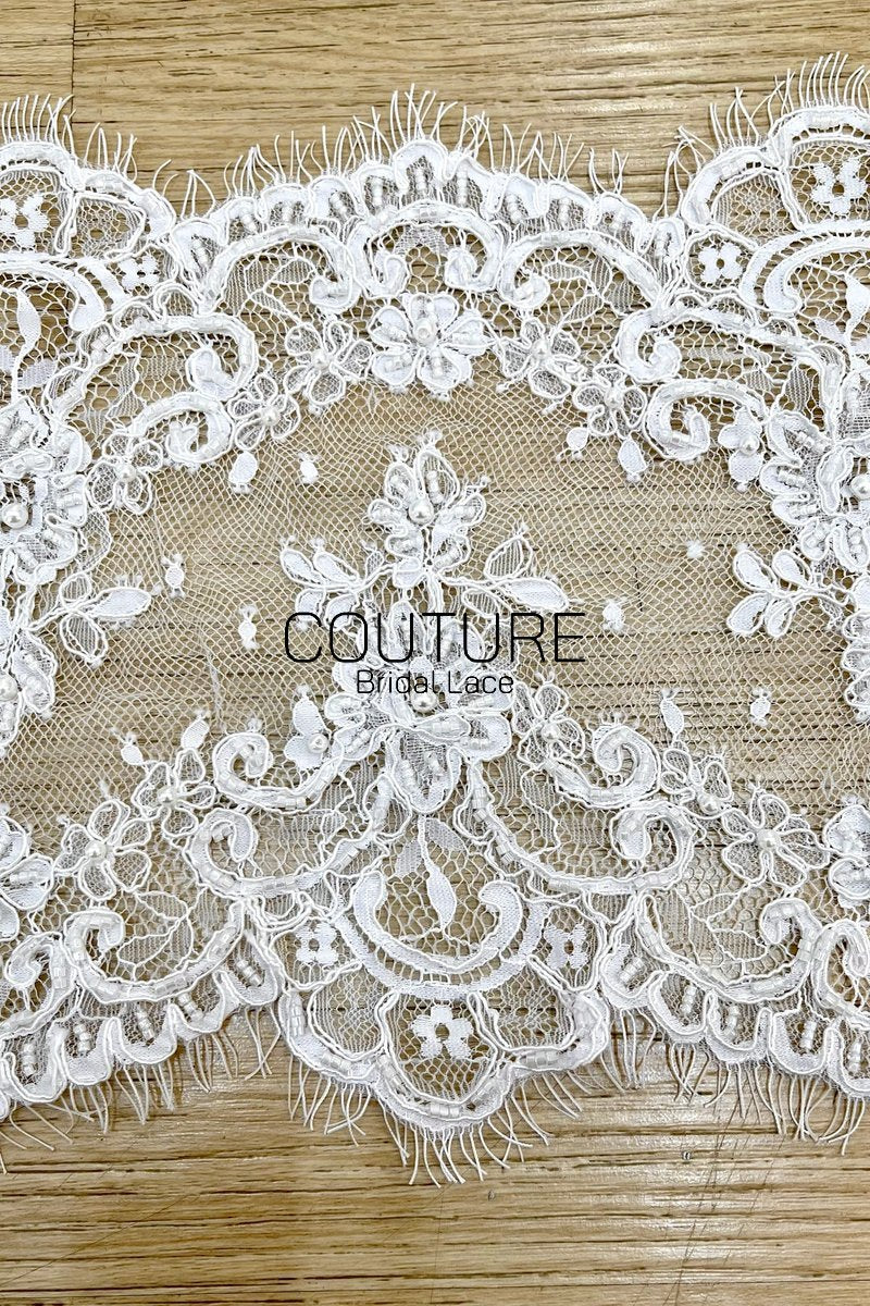 Lace Trim: White Ornate Floral Medallion Design with Scalloped Eyelash Fringe Edge, 3 Meters