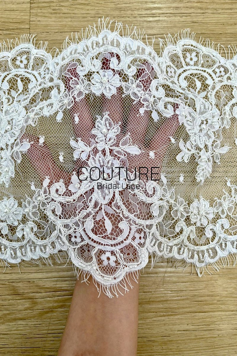 Lace Trim: White Ornate Floral Medallion Design with Scalloped Eyelash Fringe Edge, 3 Meters