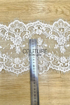 Lace Trim: White Ornate Floral Medallion Design with Scalloped Eyelash Fringe Edge, 3 Meters