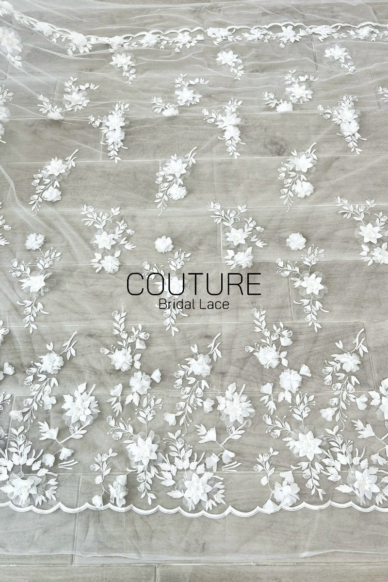 Floral Lace: Ivory Three-Dimensional Floral Appliqué with Scalloped Embroidered Leaf and Vine Border, 1 Meter