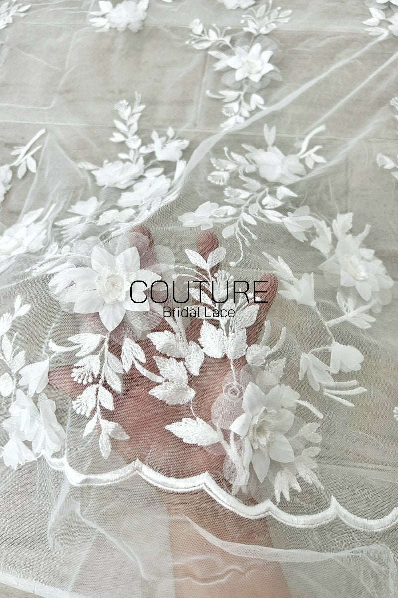 Floral Lace: Ivory Three-Dimensional Floral Appliqué with Scalloped Embroidered Leaf and Vine Border, 1 Meter