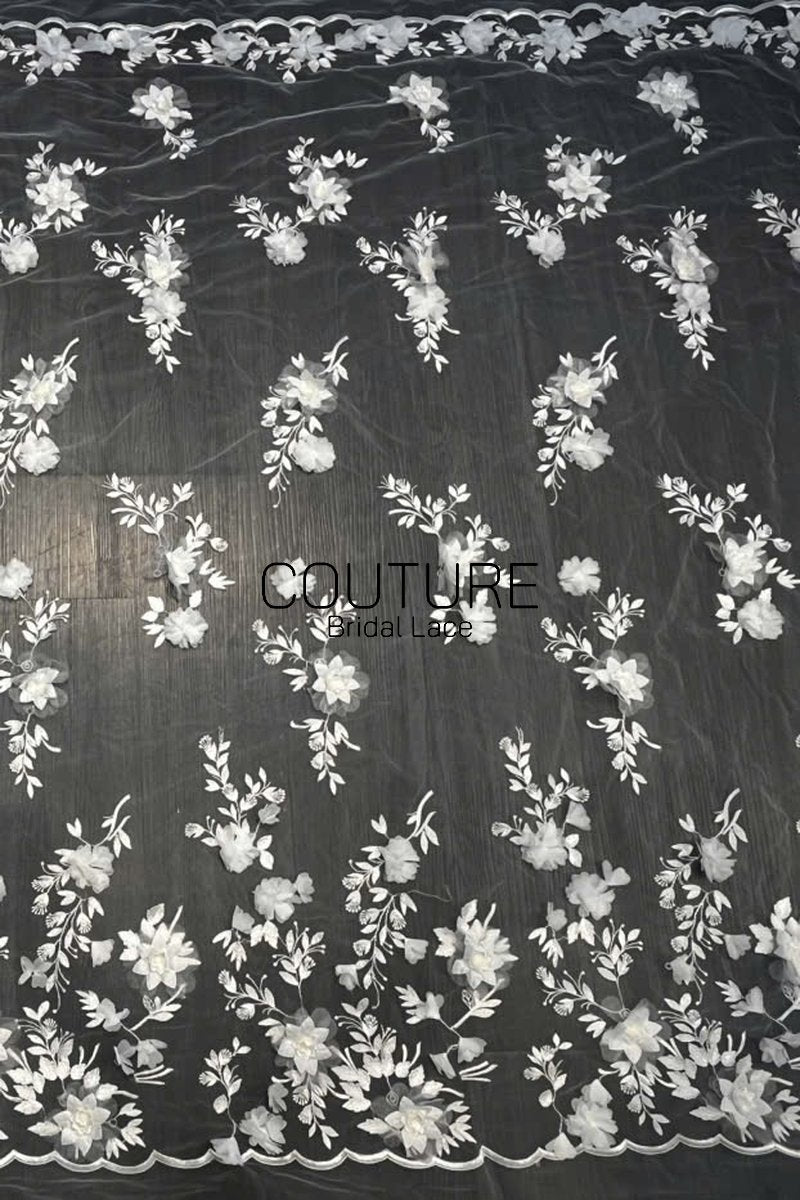 Floral Lace: Ivory Three-Dimensional Floral Appliqué with Scalloped Embroidered Leaf and Vine Border, 1 Meter