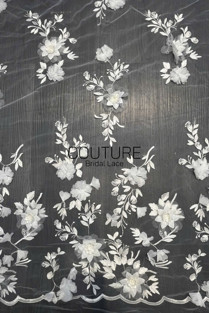 Floral Lace: Ivory Three-Dimensional Floral Appliqué with Scalloped Embroidered Leaf and Vine Border, 1 Meter