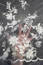 Floral Lace: Ivory Three-Dimensional Floral Appliqué with Scalloped Embroidered Leaf and Vine Border, 1 Meter