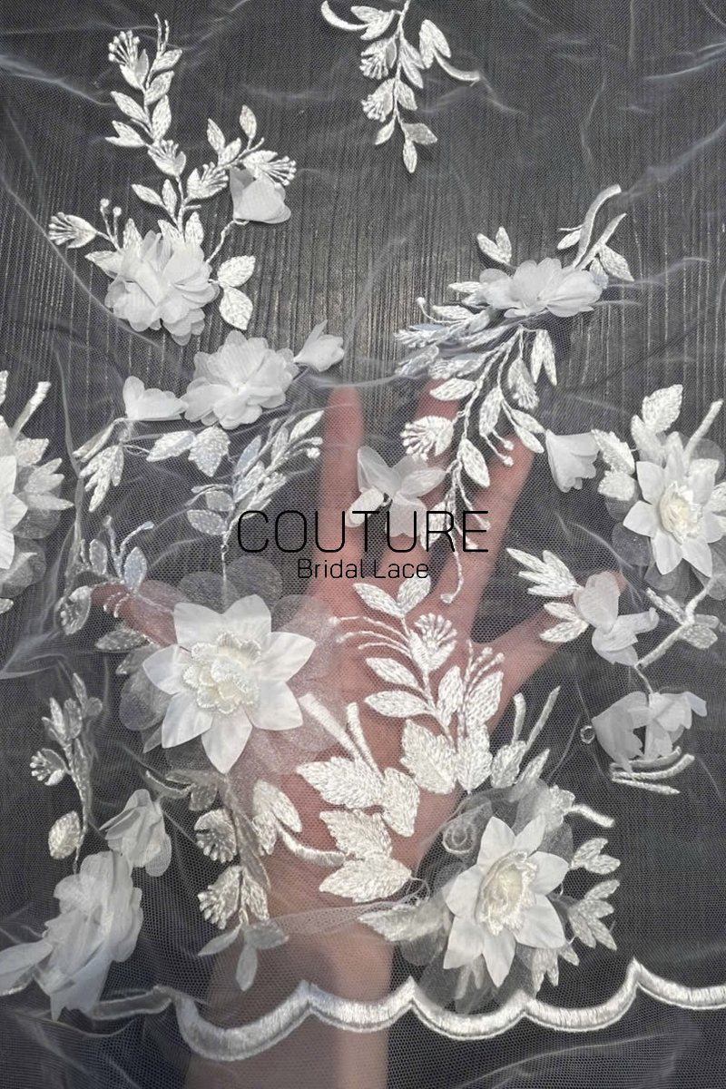 Floral Lace: Ivory Three-Dimensional Floral Appliqué with Scalloped Embroidered Leaf and Vine Border, 1 Meter