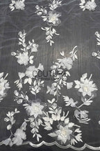 Floral Lace: Ivory Three-Dimensional Floral Appliqué with Scalloped Embroidered Leaf and Vine Border, 1 Meter