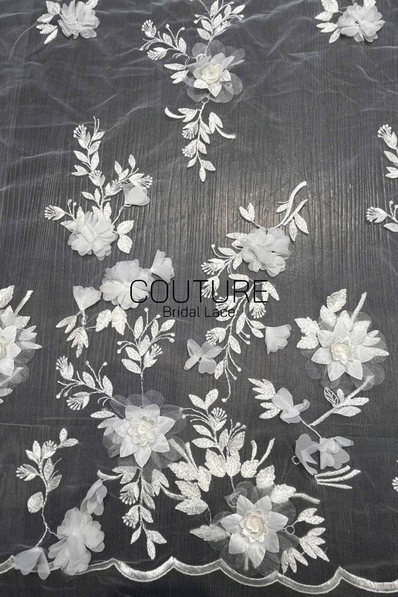 Floral Lace: Ivory Three-Dimensional Floral Appliqué with Scalloped Embroidered Leaf and Vine Border, 1 Meter