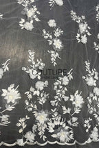 Floral Lace: Ivory Three-Dimensional Floral Appliqué with Scalloped Embroidered Leaf and Vine Border, 1 Meter