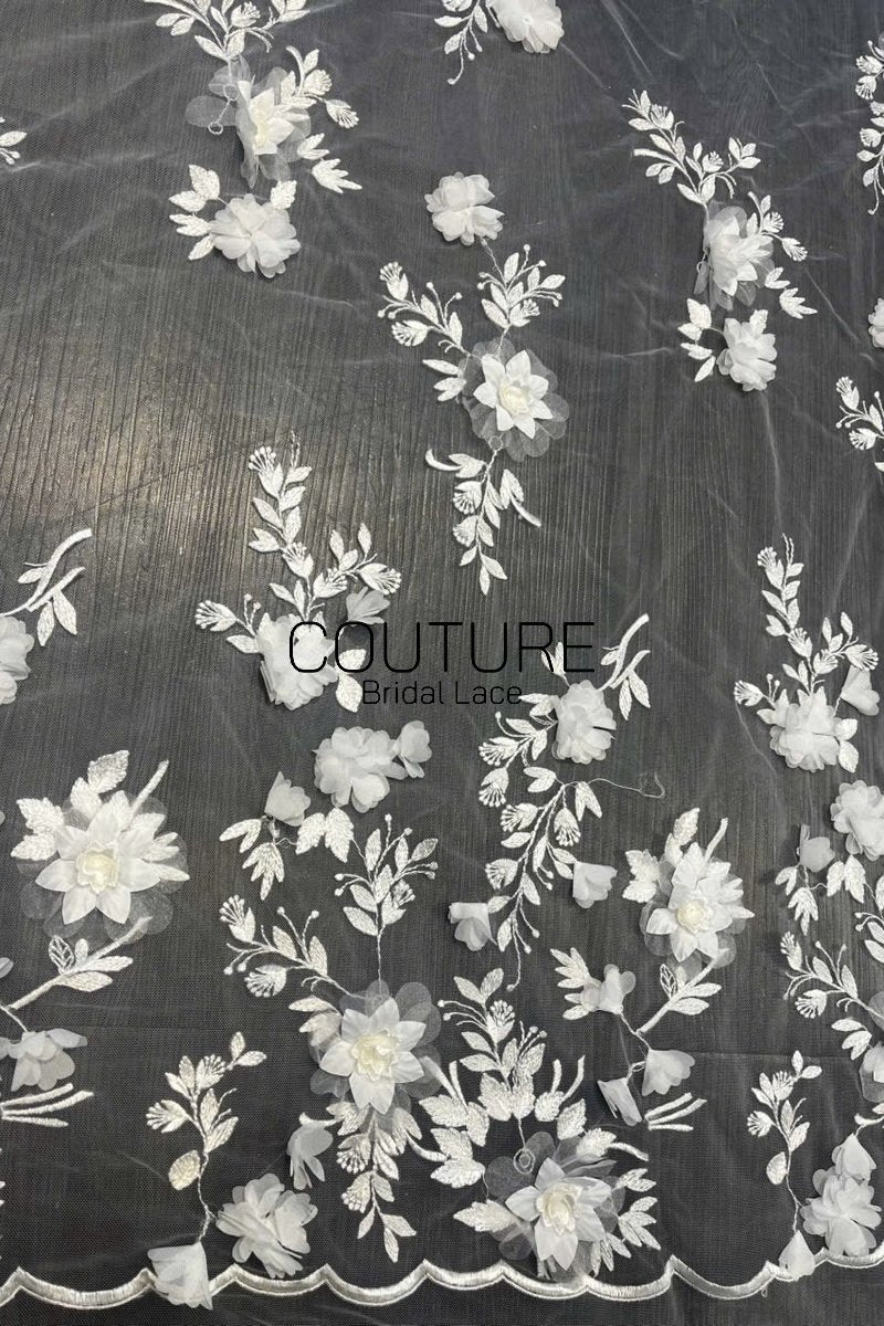 Floral Lace: Ivory Three-Dimensional Floral Appliqué with Scalloped Embroidered Leaf and Vine Border, 1 Meter