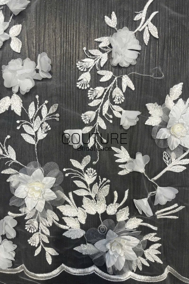 Floral Lace: Ivory Three-Dimensional Floral Appliqué with Scalloped Embroidered Leaf and Vine Border, 1 Meter
