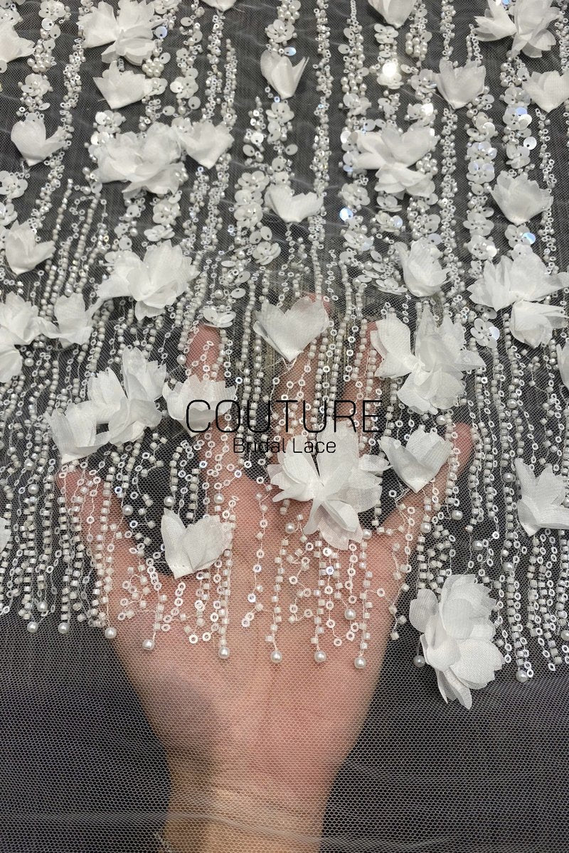 Beadings Lace: 3D Floral Beaded Embellishment, 1 Meter