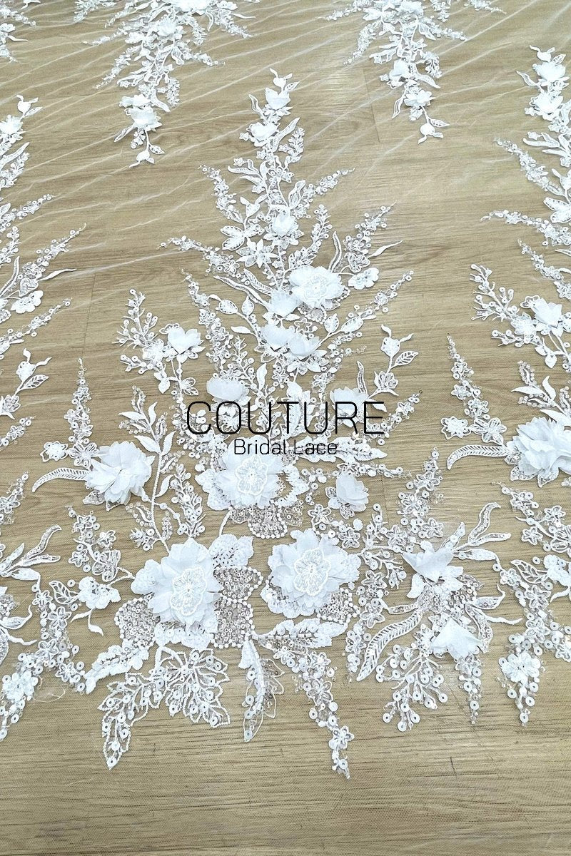Beadings Lace: 3D Floral Beaded Applique, 1 Meter