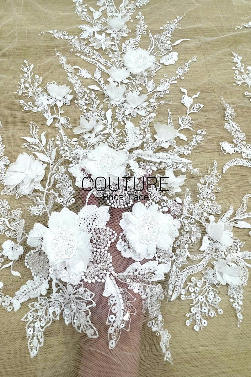 Beadings Lace: 3D Floral Beaded Applique, 1 Meter