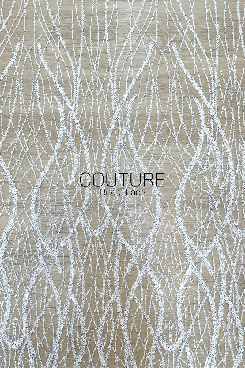 Beadings Lace: White Cascading Vertical Branch Pattern with Dense Pearl Beaded Wavy Strands, 3 Meters
