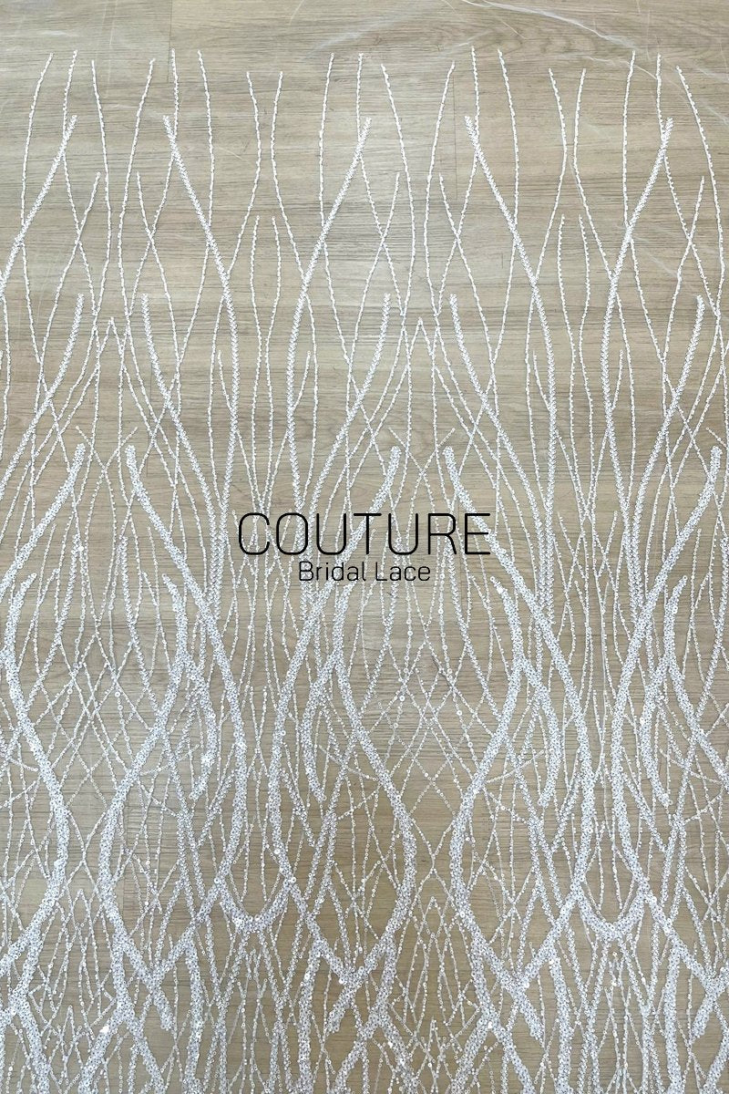 Beadings Lace: White Cascading Vertical Branch Pattern with Dense Pearl Beaded Wavy Strands, 3 Meters