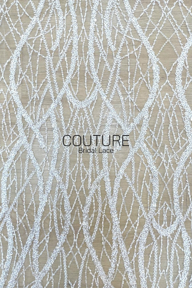 Beadings Lace: White Cascading Vertical Branch Pattern with Dense Pearl Beaded Wavy Strands, 3 Meters
