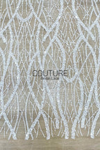 Beadings Lace: White Cascading Vertical Branch Pattern with Dense Pearl Beaded Wavy Strands, 3 Meters
