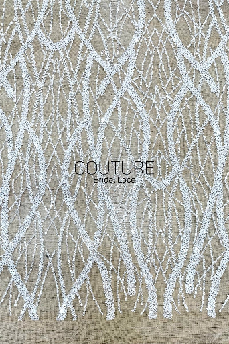 Beadings Lace: White Cascading Vertical Branch Pattern with Dense Pearl Beaded Wavy Strands, 3 Meters
