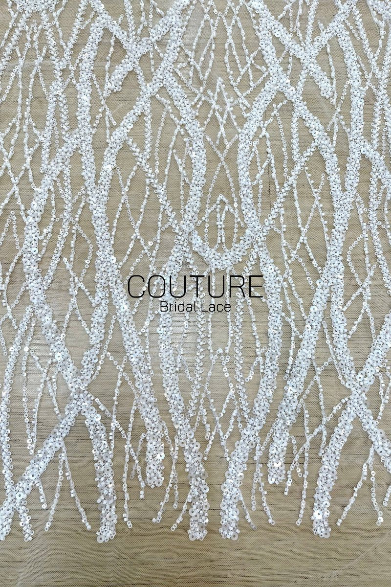 Beadings Lace: White Cascading Vertical Branch Pattern with Dense Pearl Beaded Wavy Strands, 3 Meters
