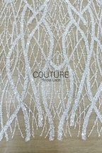 Beadings Lace: White Cascading Vertical Branch Pattern with Dense Pearl Beaded Wavy Strands, 3 Meters