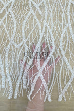 Beadings Lace: White Cascading Vertical Branch Pattern with Dense Pearl Beaded Wavy Strands, 3 Meters