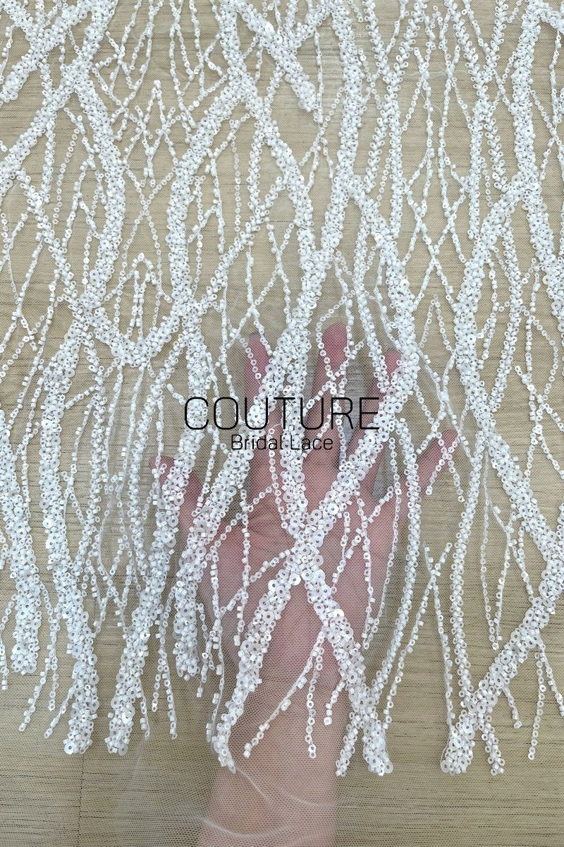Beadings Lace: White Cascading Vertical Branch Pattern with Dense Pearl Beaded Wavy Strands, 3 Meters