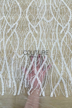 Beadings Lace: White Cascading Vertical Branch Pattern with Dense Pearl Beaded Wavy Strands, 3 Meters
