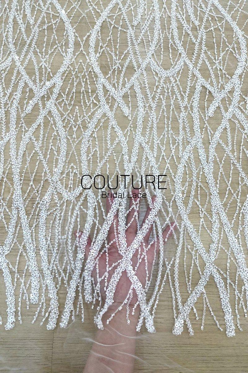 Beadings Lace: White Cascading Vertical Branch Pattern with Dense Pearl Beaded Wavy Strands, 3 Meters